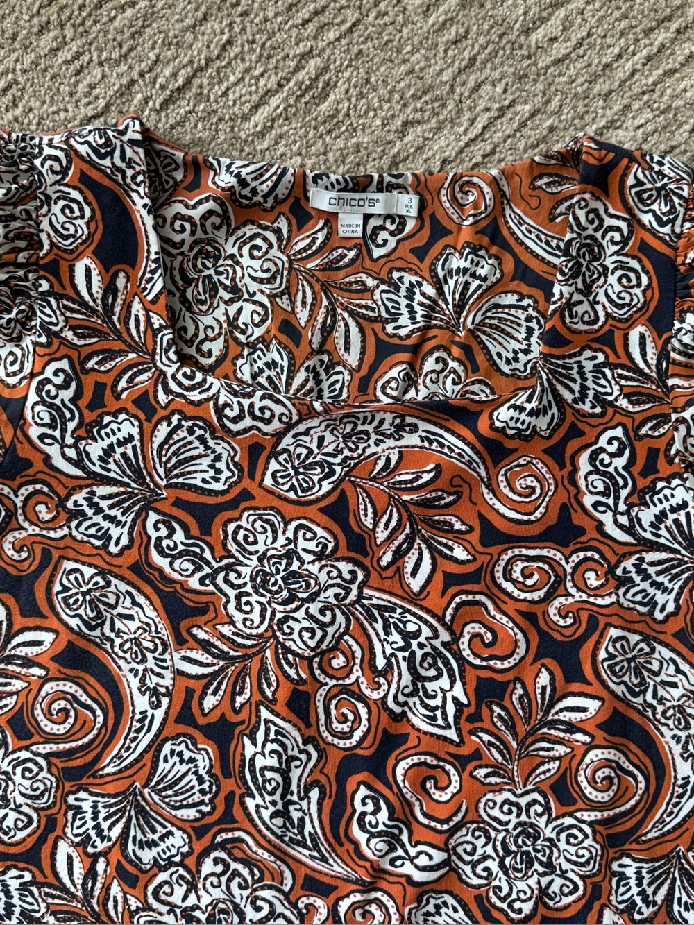 Chico's 3 paisley square neck puff sleeve blouse XL rust orange navy floral boho - Picture 6 of 9